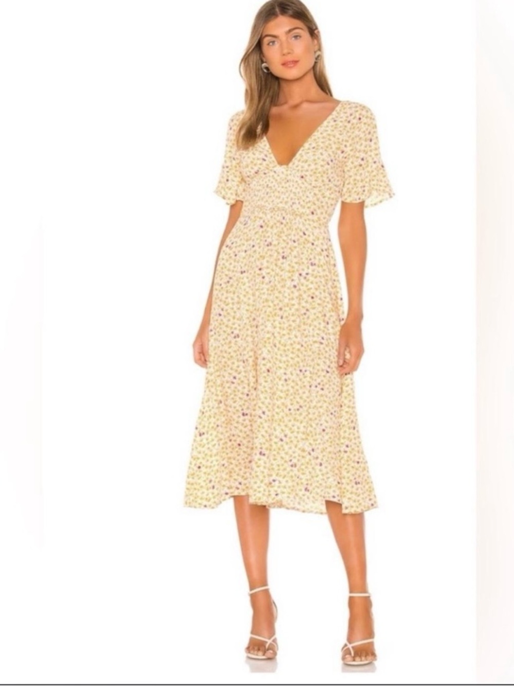 Free People Yellow Floral Midi Dress with V-Neck